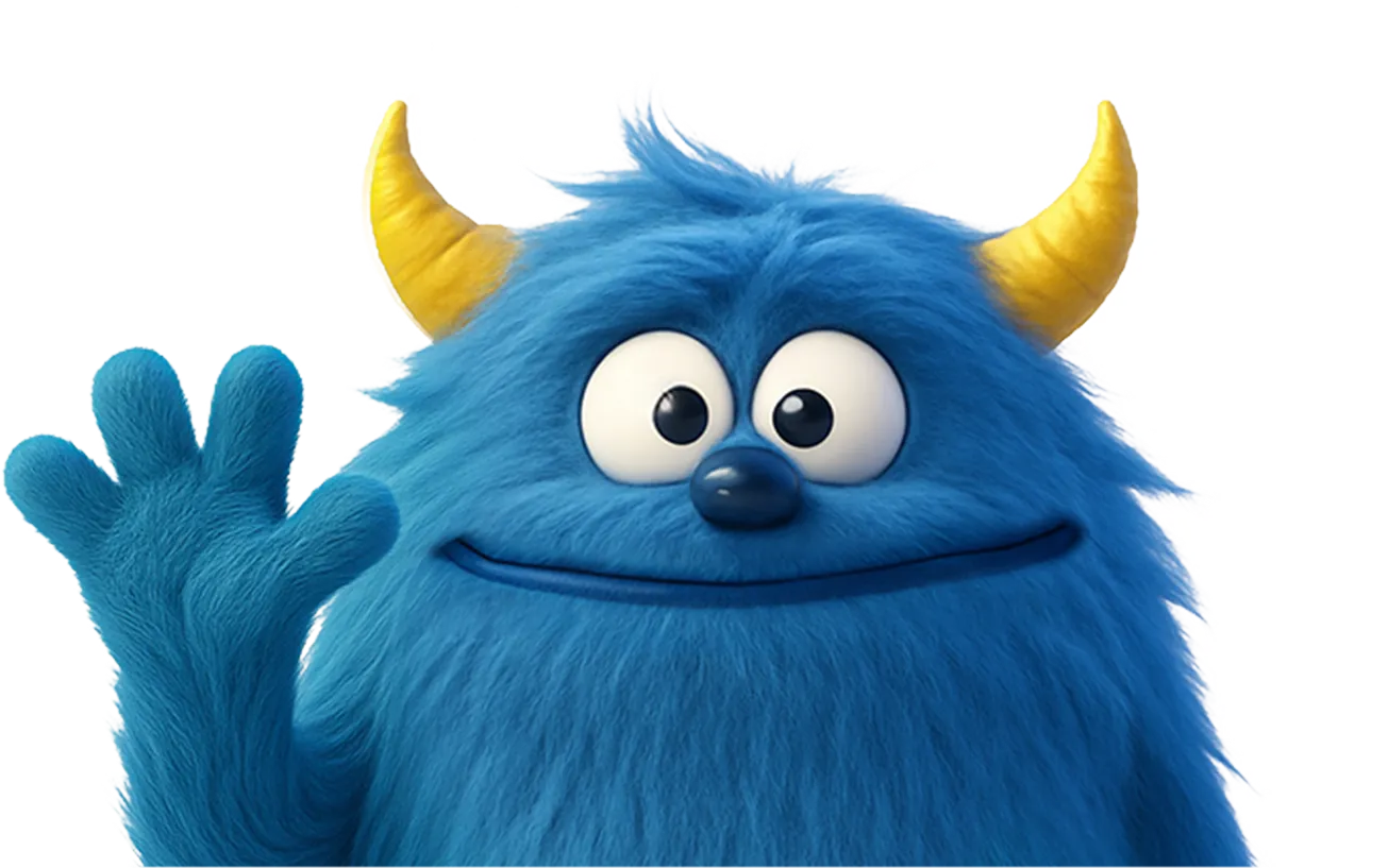 Coosyのキャラクター 青いモンスターが手を振るイラスト